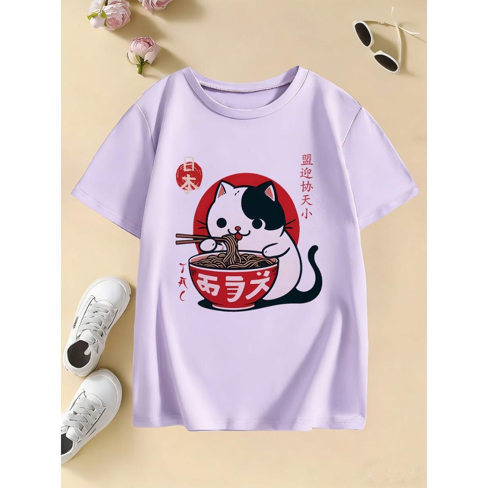 T-shirt per bambini stile giapponese Gatto che mangia Ramen Stampa 3D T-shirt a maniche corte per bambini Larga Casual Estiva all'aperto Strada Magliette per ragazzi e ragazze