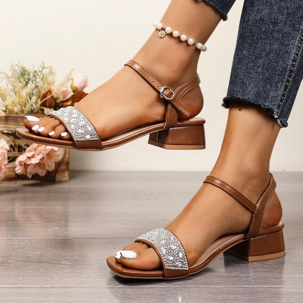 Fashion 2025 Crystal Women Mid Heels Sandals Elegant Heeled Shoes Summer Fashion Chunky Pumps Square Toe Shallow Buckle Chaussures Femme