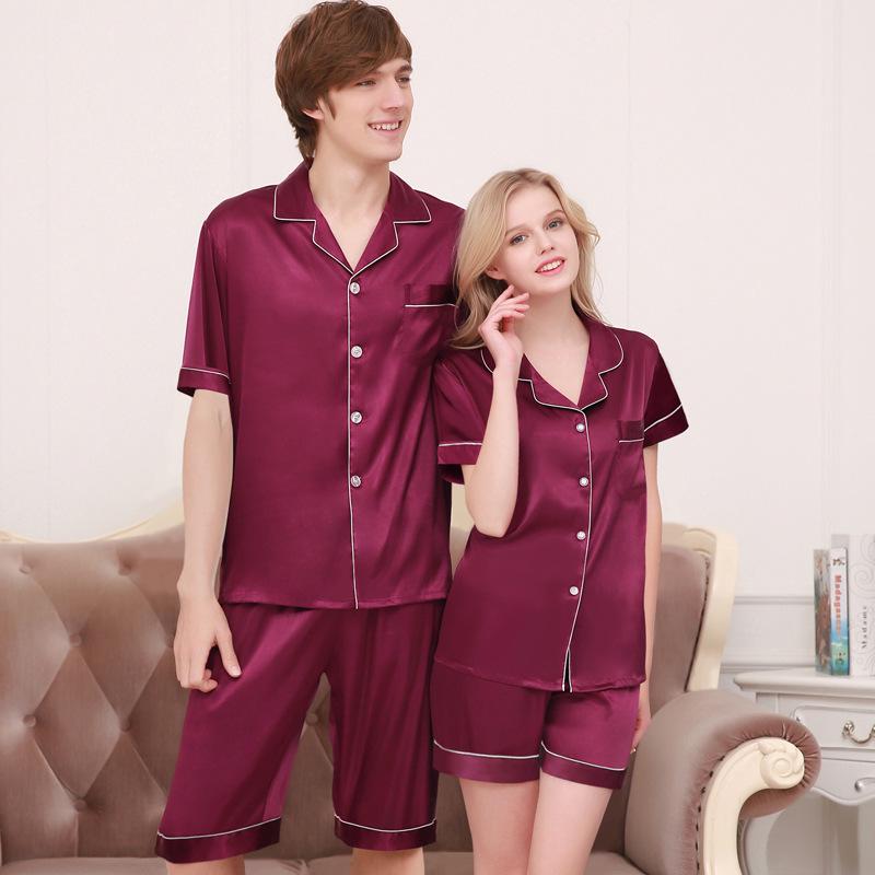 Silk Couple Pajamas Set: Ice Silk, Short Sleeve, Plus Size for Men & Women, Spring/Autumn