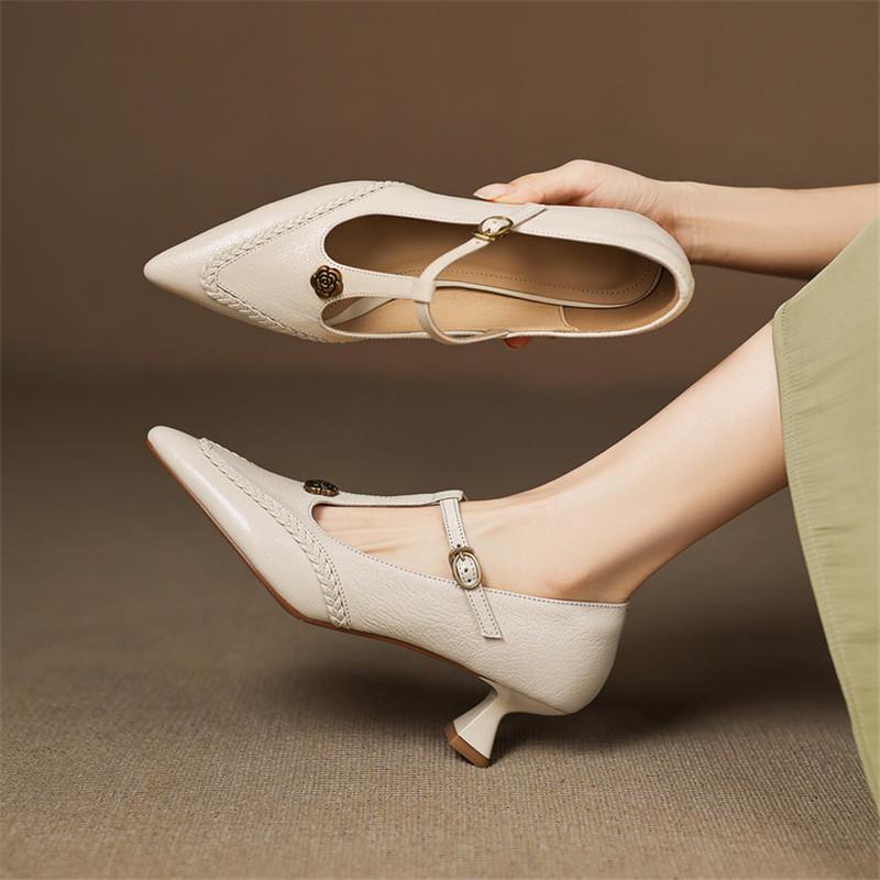 Fashion New Spring/summer Genuine Leather Women Shoes Pointed Toe Shoes for Women Fashion Retro Mary Jane Shoes High Heels Women Pumps