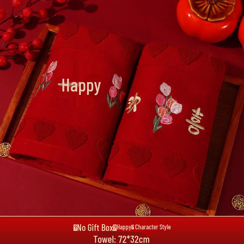 Red Wedding Towel Pair with Festive Gift Bag - Dowry Face Washing Souvenir