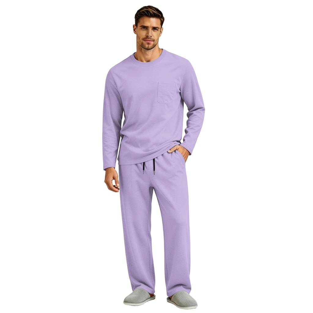 Men's Long Sleeve Pajama Set with Button Fly and Elastic Drawstring Waist for Sleep and