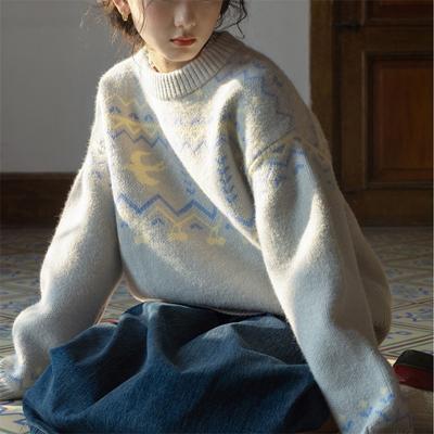 Sweater Ladies Autumn Winter Outer Wear Women Vintage Jacquard Pullover Knit Jacket