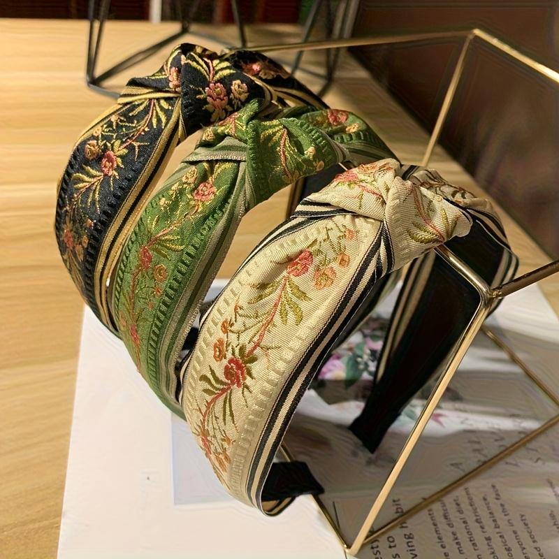 Elegant Boho Knotted Headband Bohemian Embroidered Floral and Botanical Wide-Brimmed Headband Hair Accessores for Women
