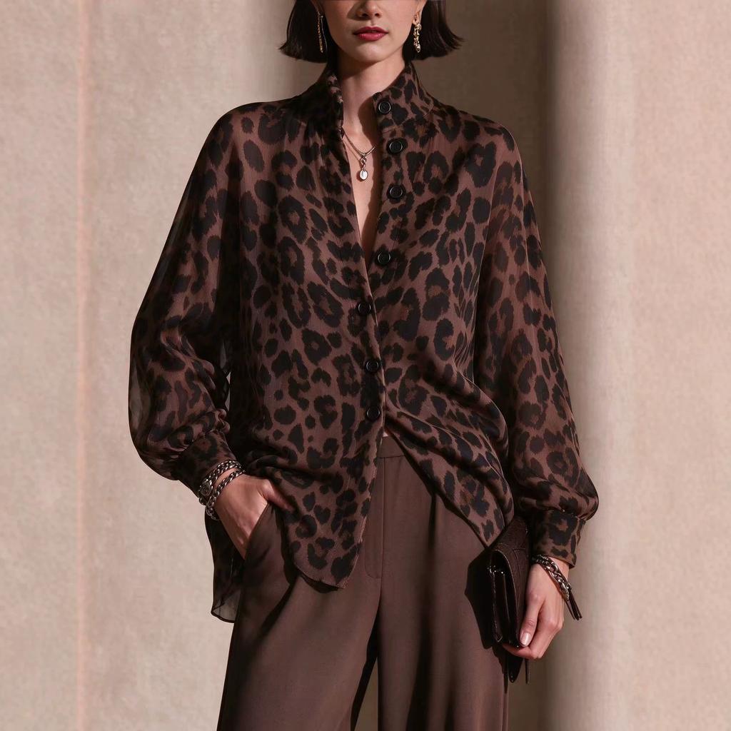 Camicetta da Donna con Stampa Leopardo Manica Lunga Manica a Lanterna Camicia Bottoni Top Casual Multicolore