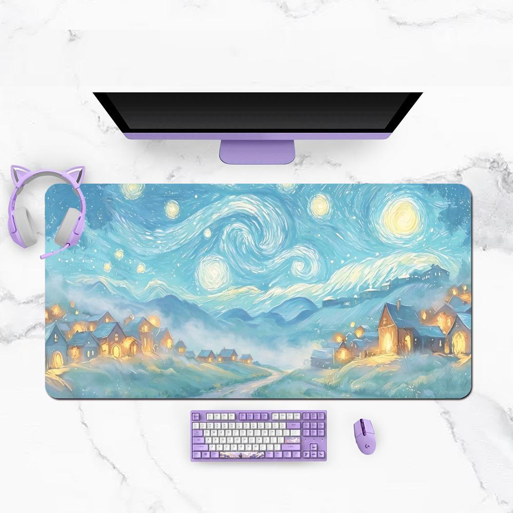 Classic Starry Night Sky Village Scenery Playmat Large Size Table Mat Learning Desktop Mousepad Laptop