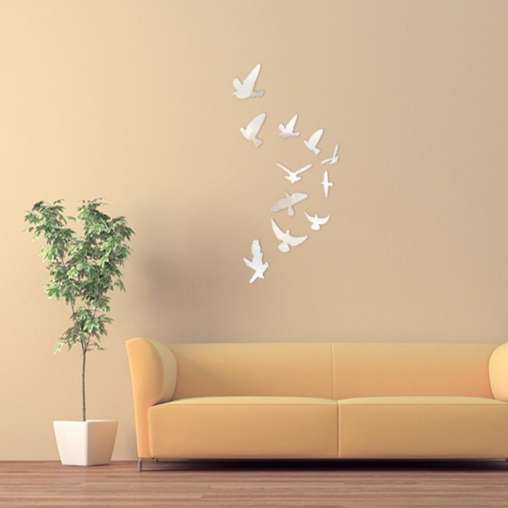 11pcs Acrylic Bird Mirror Wall Sticker 29.13 X 16.54 In Bird Decorative Wall Mirror Gold Black Silver Self Adhesive