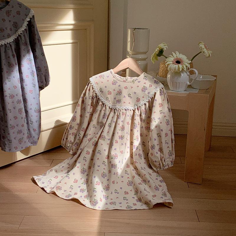 Spring Girls Vintage Print Lace Long Sleeve Loose Princess Dress Children Sweet Casual Dress 90cm