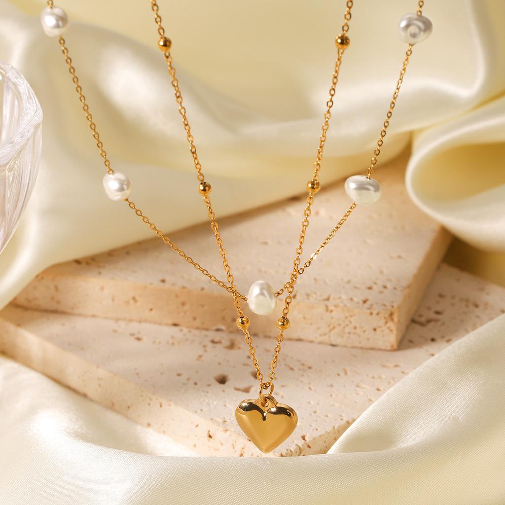 Layered Pearl Necklace With Heart Pendant Titanium Steel Choker For Women Elegant Collarbone Chain
