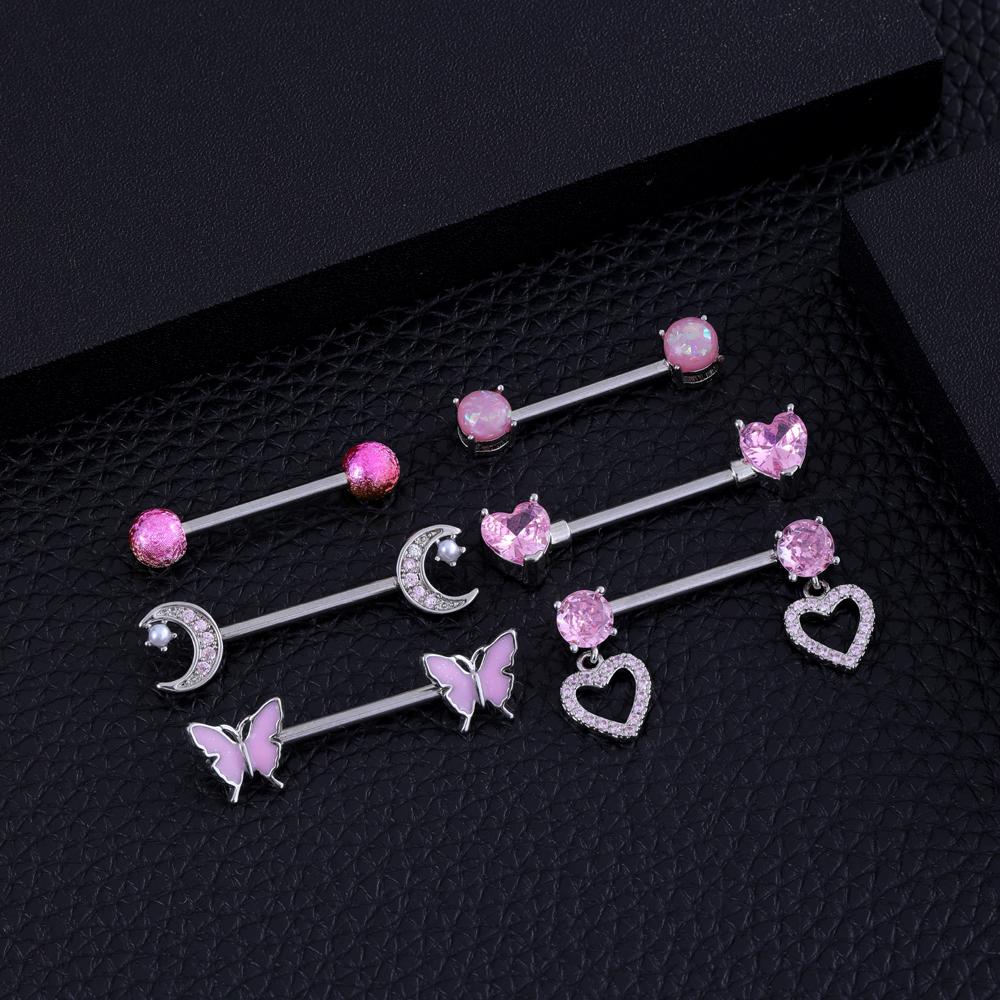 2pcs Heart Dangle Nipple Rings Shield Bar Sets for Women Stainless Steel Moon Butterfly Shaped Nipple Piercings Barbell