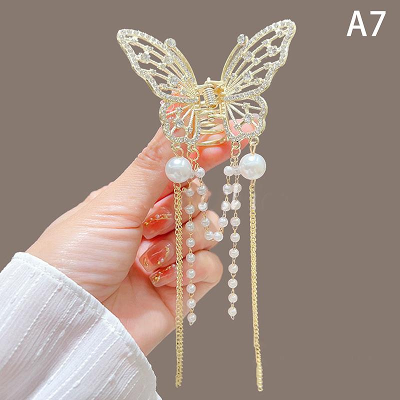 Butterfly Tassel Pearl Hair Claw Red Flower Festival Hairpin For Girls Ponytail Hair Clips Crab Women  Accessories Gifts