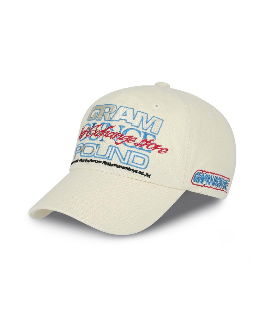 GRAM OUNCE POUND Typo Overlapped 6-Panel Cap_Washed Cream