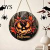 Autumn Atmosphere Hanging Ornament Halloween Wooden Door Hanger Sign, Flame Pumpkin Maple Leaf Printed Round Plaque, Hemp Rope Decor Waterproof