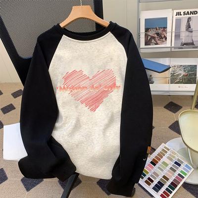 Kontrastowy Kolor Miłość Okrągły Dekolt Bluza dla Kobiet Jesienią i Zimą Nowy Luźny Amerykański Retro Aksamitny Top