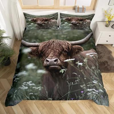 Highland Kuh Bettbezug Set Daisy Bettwäsche Set Lustiger Stier Vieh Blume Bettdeckenbezug Wildtiere Bauernhaus Tier Steppdeckenbezug