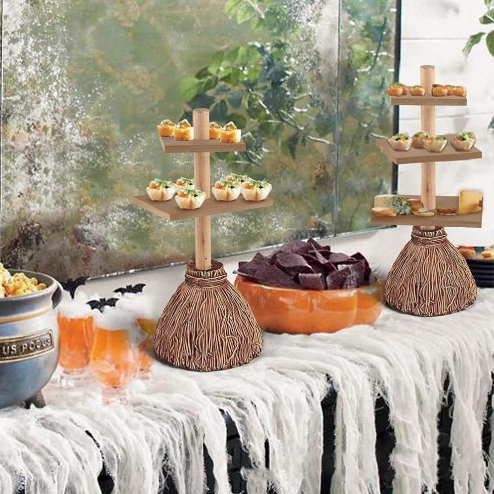 Wooden Table Snack Tray Anti-deformation Witch Broom Table Halloween Wood Cake Stand  Cake Stand