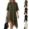Damen Mode Rundhals Spitze Besatz Halbe Ärmel Kleid Asymmetrischer Saum Lässig Lockere Passform Bequemer Stil