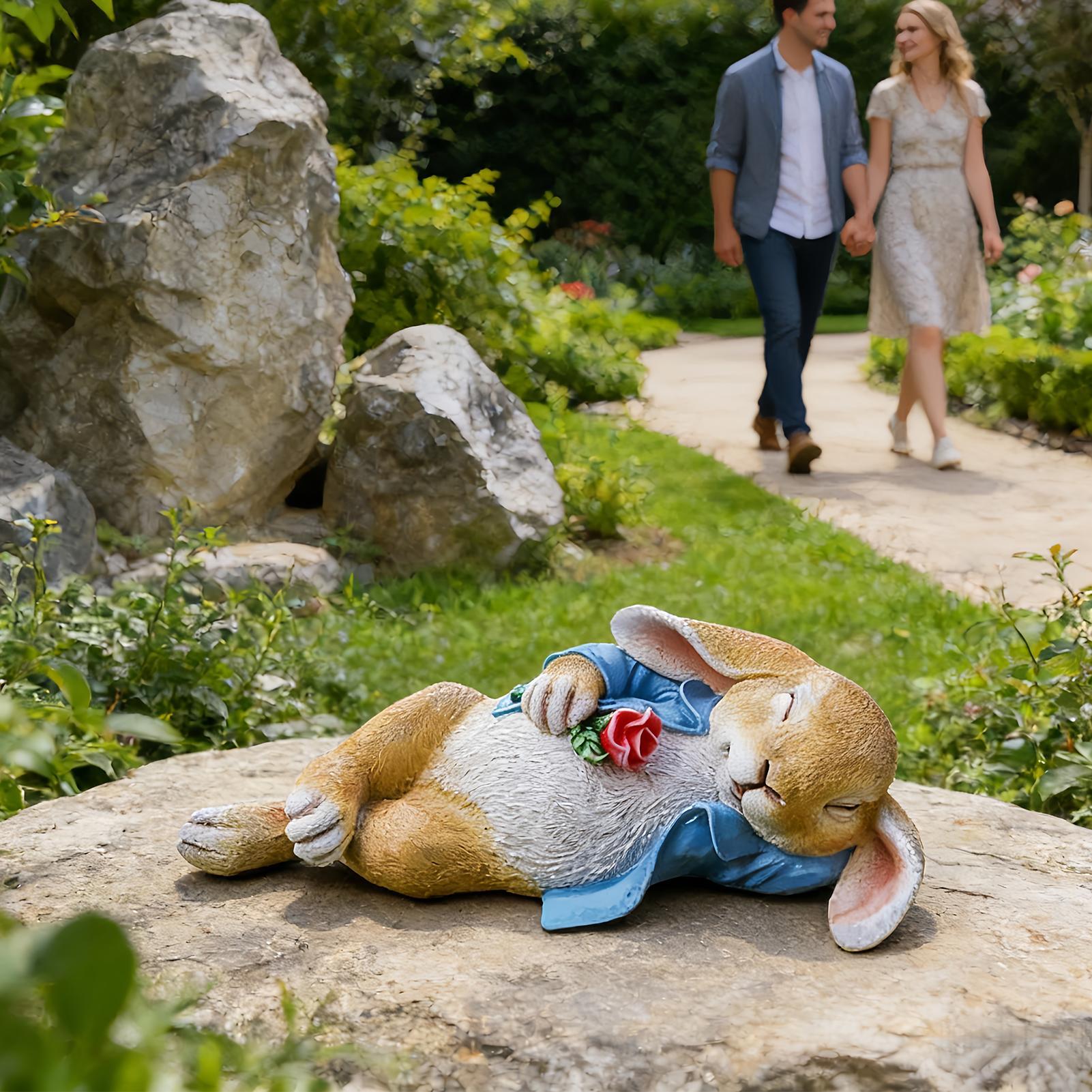 Rabbit Garden Statue Resin Lying Rabbit Holding Flower Figurines 11.8 Inches Collectible Outdoor Statues for Easter Home Table CN