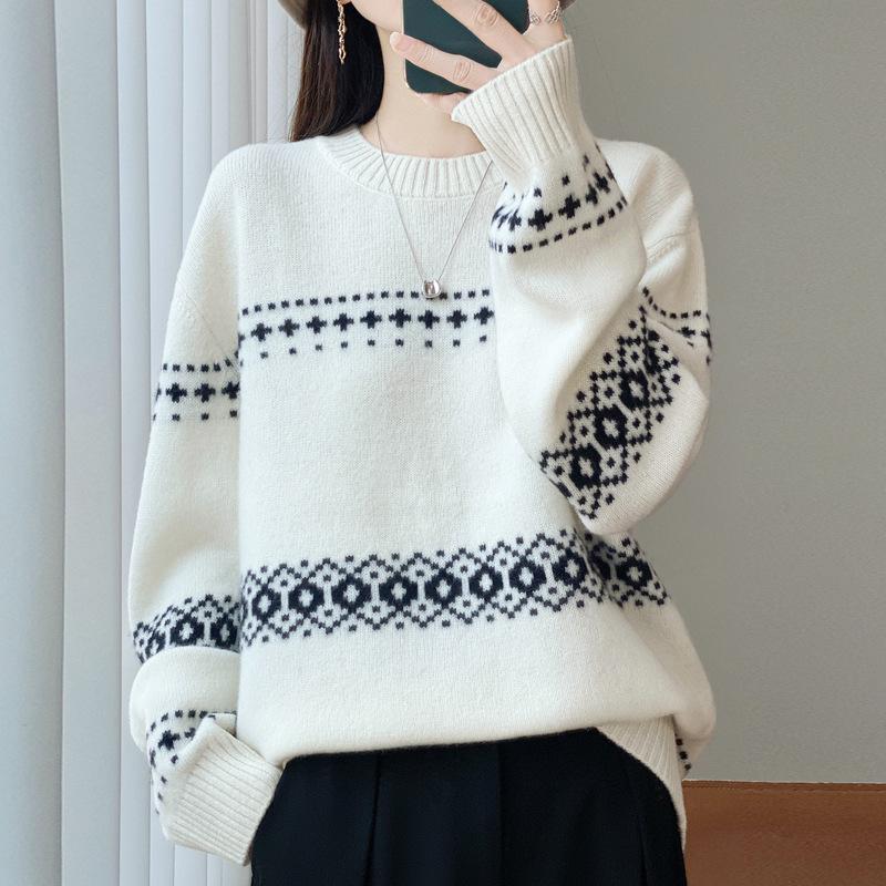 Mall-Stil Dicker Reiner Wollpullover für Damen - 100% Wolle Locker Gestrickt Vielseitiges Oberteil