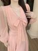 French gentle V-neck bow lace-up dress women's large size fat mm high-end super fairy pink long-sleeved skirt