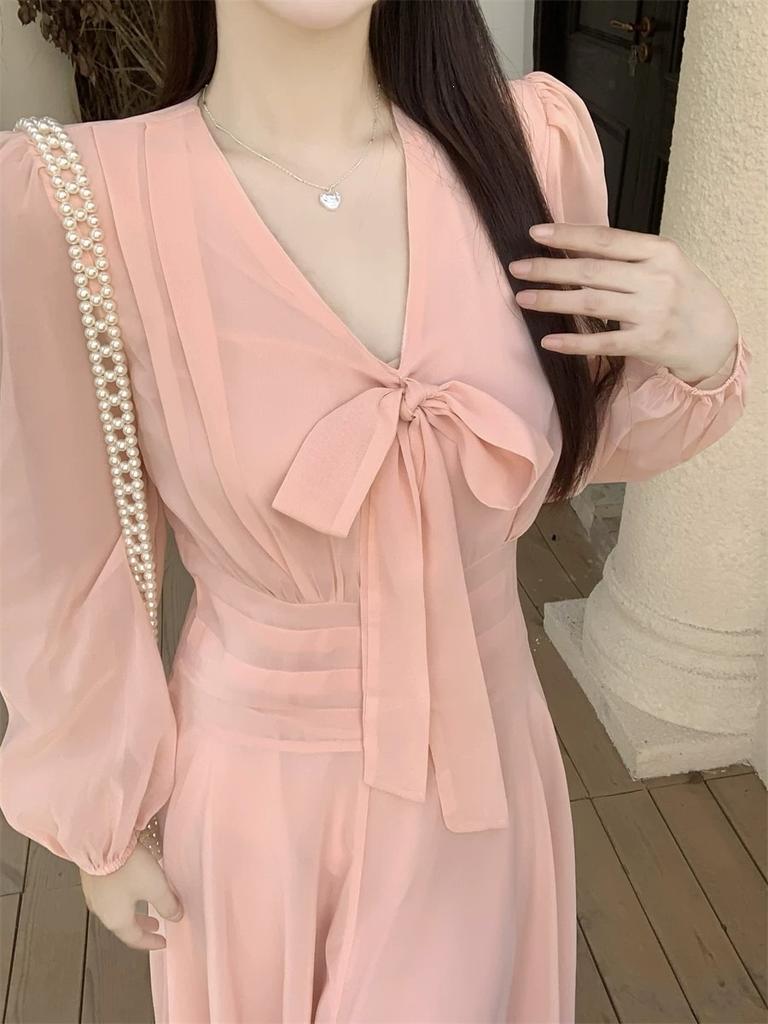 French gentle V-neck bow lace-up dress women's large size fat mm high-end super fairy pink long-sleeved skirt