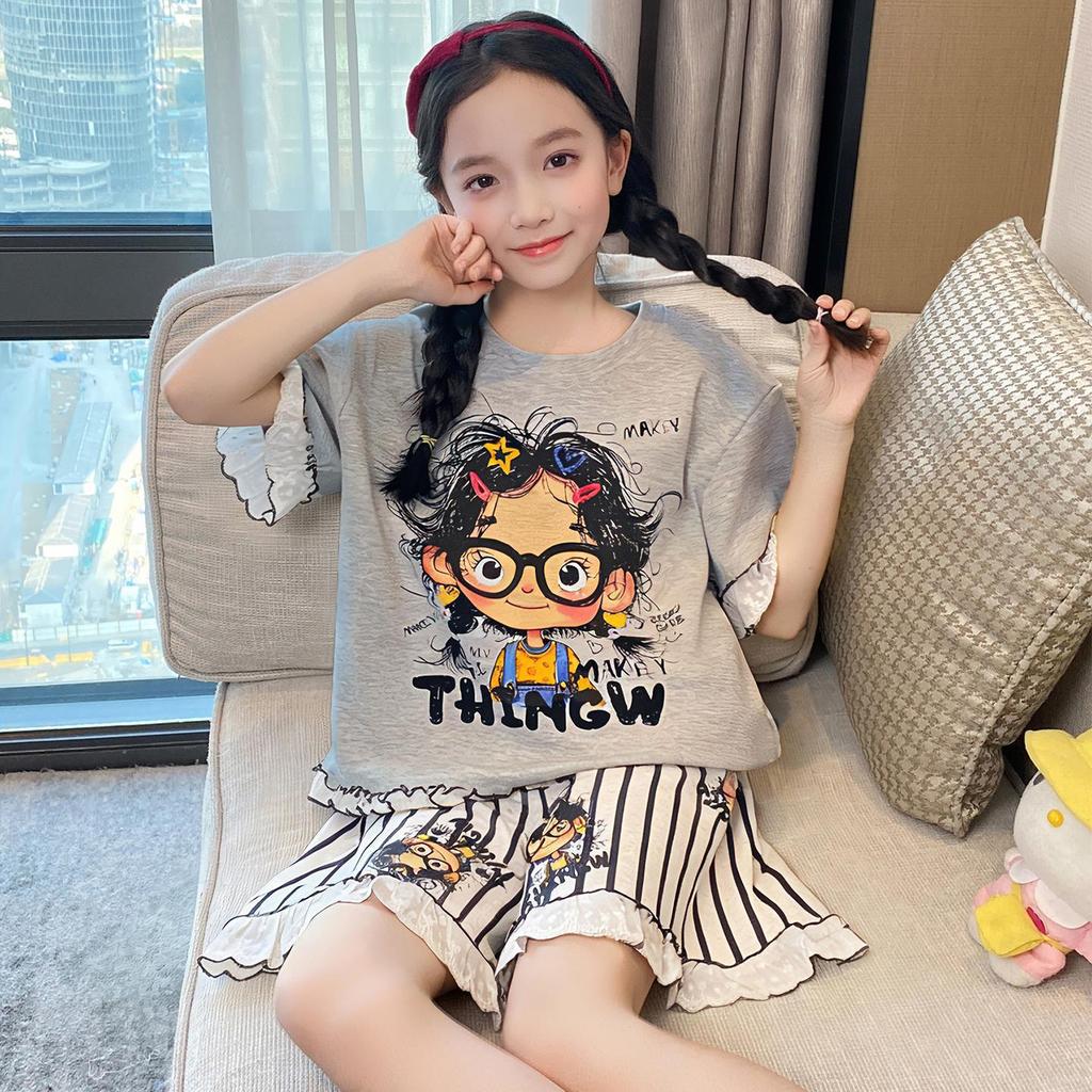 2026 New Summer Girls' Ultra-Thin Modal Pajamas Set: Short Sleeve Airy Comfort Suit for Medium and Large Kids