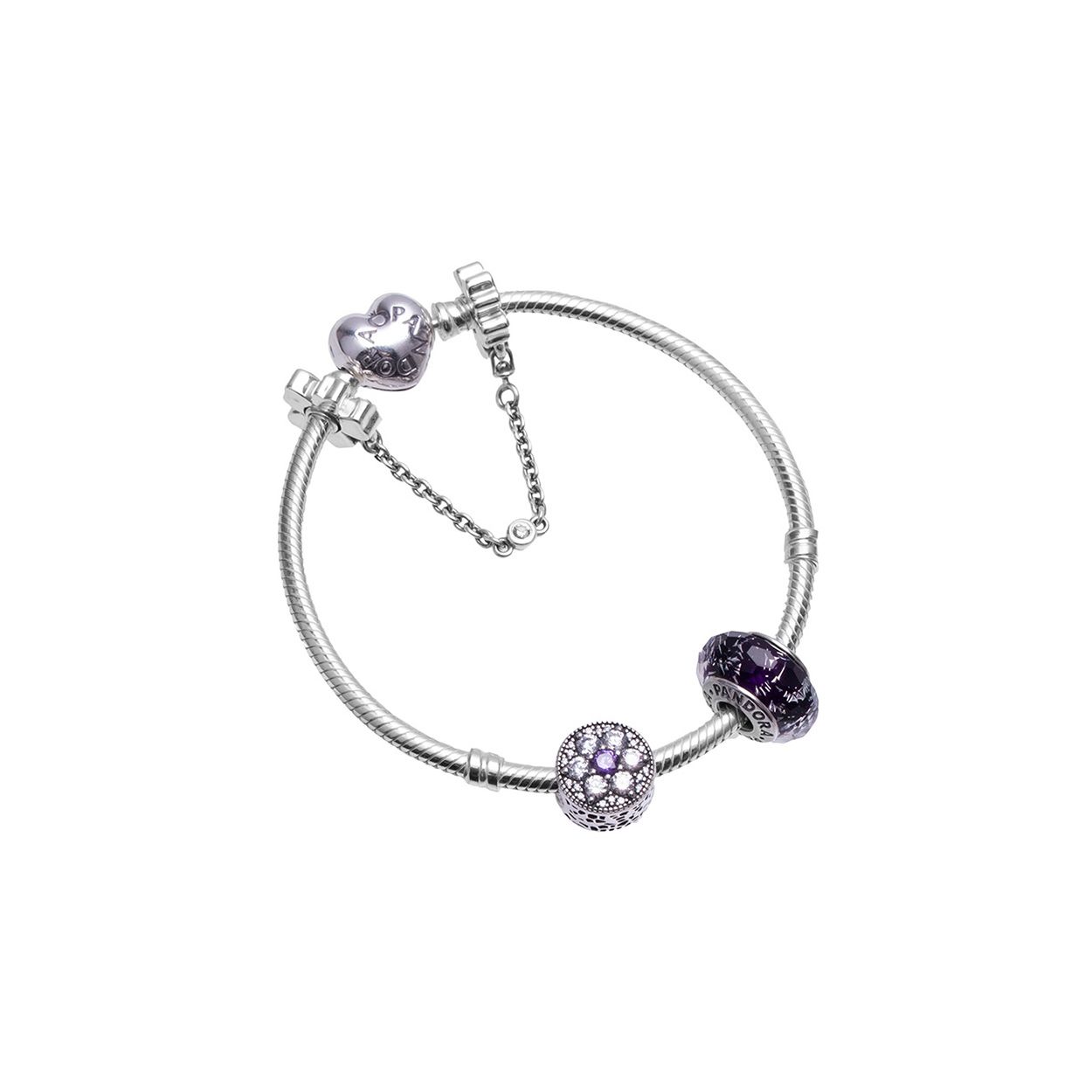 Pandora Purple Shimmering Glass Forget-Me-Not Flower Safety Chain Snake Chain Bracelet Women bracelet Silver PAND00050-OP Box