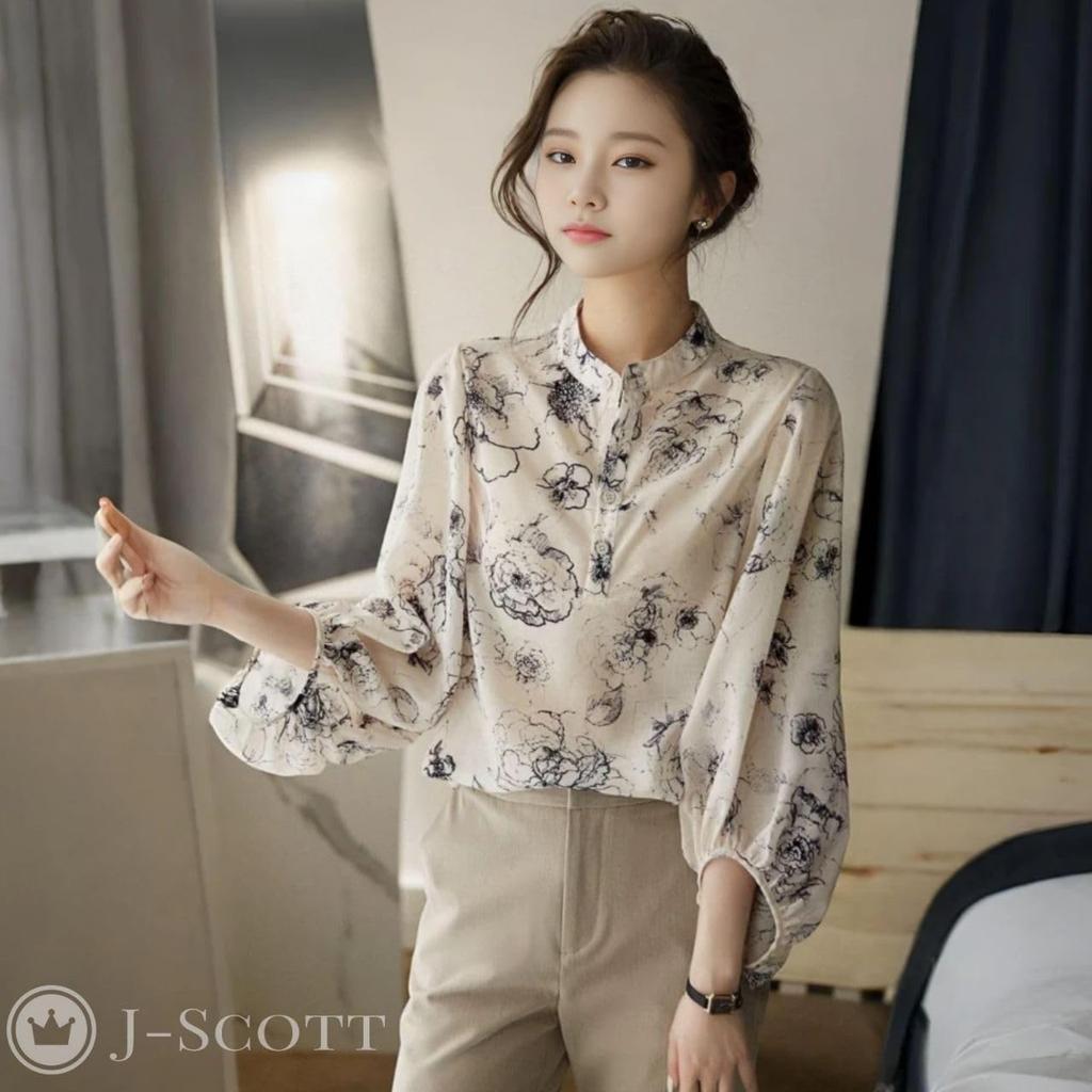 Flower Print Puff J-Scott Painting-Style Blouse, Collarless, Sleeves, Sheer, Lightweight, Refreshing, Ivory, JS46-IV-S