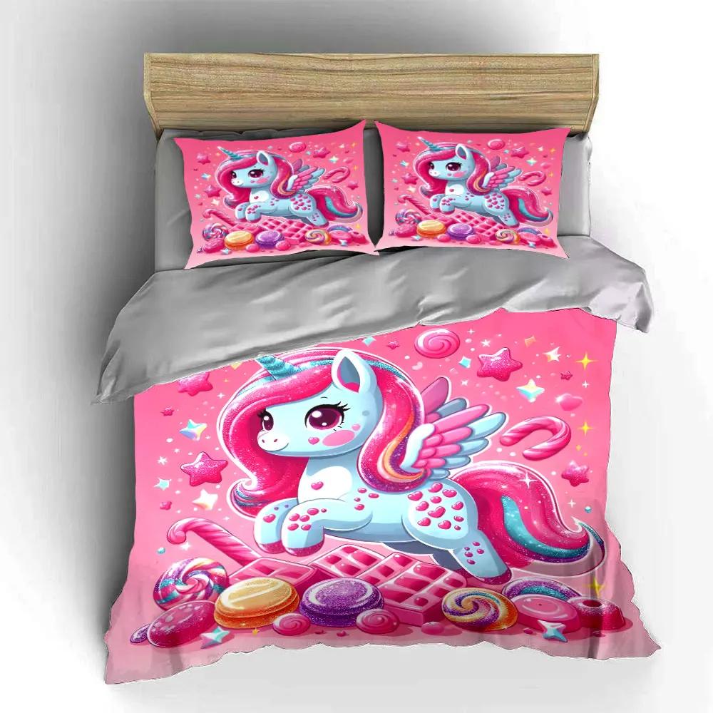 Unicorn Candy Set Decoration Bedding Set with 1 Duvet Cover 2 Pillowcases Single Double King Queen Gift