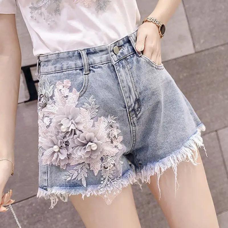 3D Florale Spitze Sommer Denim Shorts Damen Streetwear Hohe Taille Schlanke Passform Y2k Zerrissen Mode Shorts Große Größen