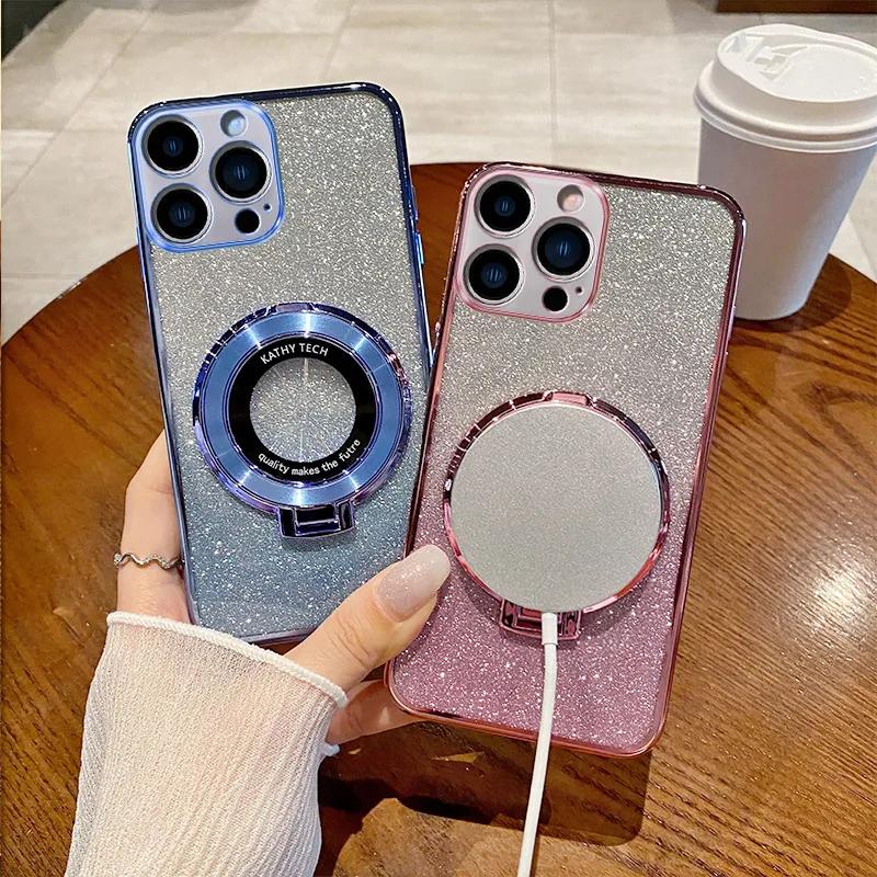 Luxury For Magsafe Wireless Charging Case For iPhone 11 12 13 14 15 Pro Max Plus Glitter Magnetic Ring Bracket Transparent Cover
