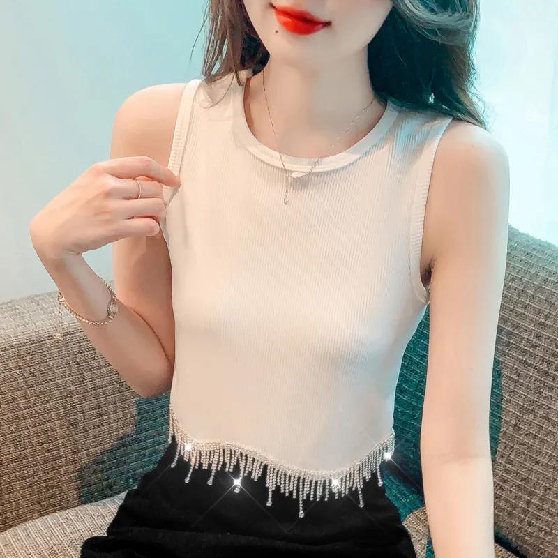 

Women s Beige Tassel Rhinestone Trim Ribbed Knit Tank Top Sleeveless Casual Blouse S белый