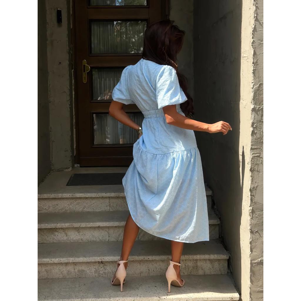 French V-neck Elegant Coffee Break Dress For Women With Hollow Design