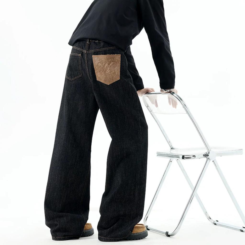 American Primary Color Jeans Men's Trendy Brand New Retro Splicing High-end Wide-leg Casual Trousers
