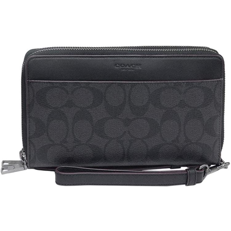Coach Double Zip Wallet Coated Canvas Leather Card Holder , Wallet Small Men's Black (Unisex) Wallets 67626 N3A