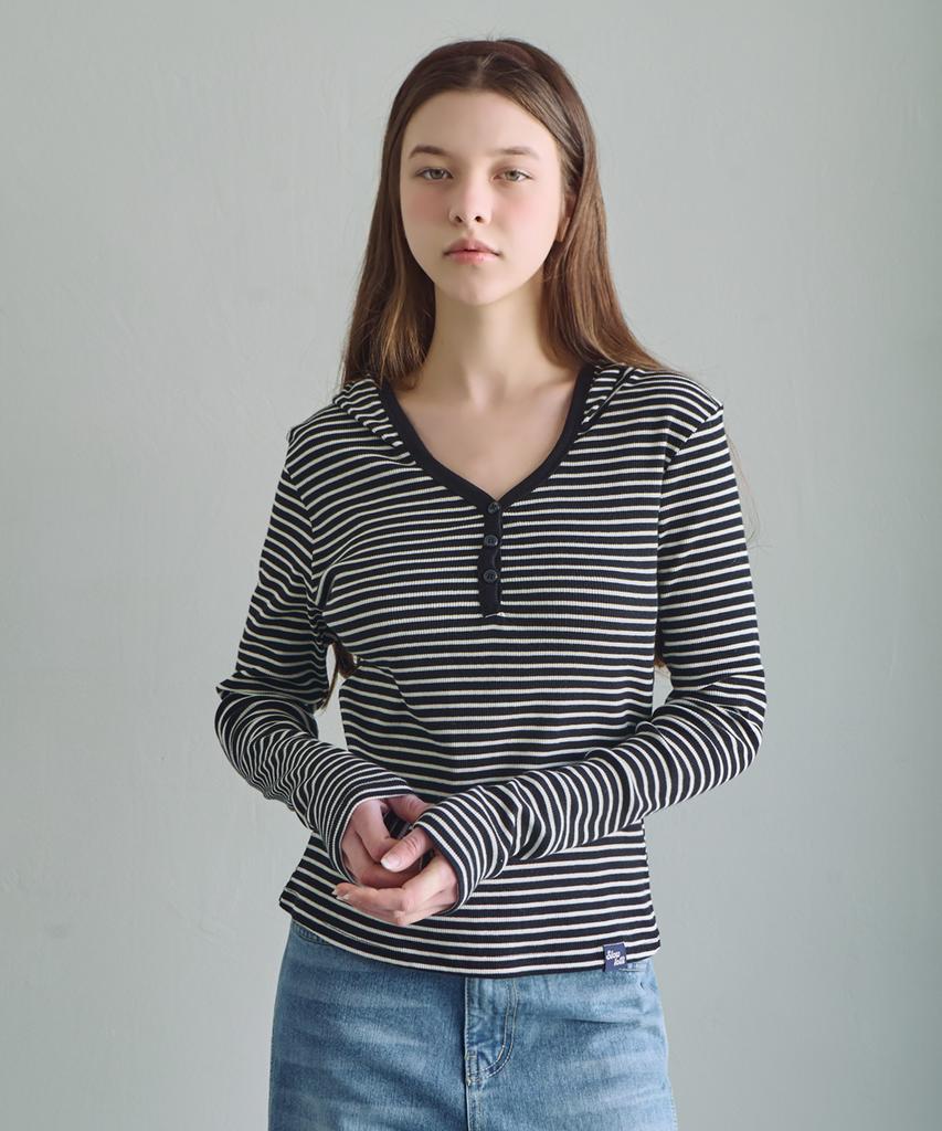 SLOWLOLLI Striped Button Hoodie Slim T-Shirt_2 Colors