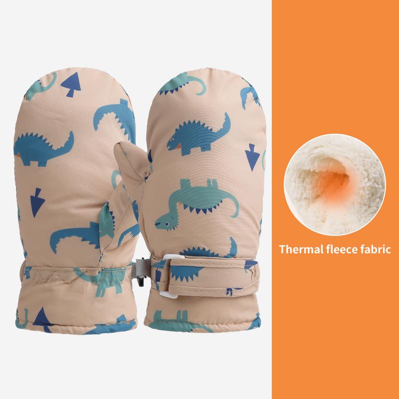 Quick-Drying Waterproof Kids' Ski Gloves with Cartoon Print - Thickened, Plus Velvet for Autumn and Winter