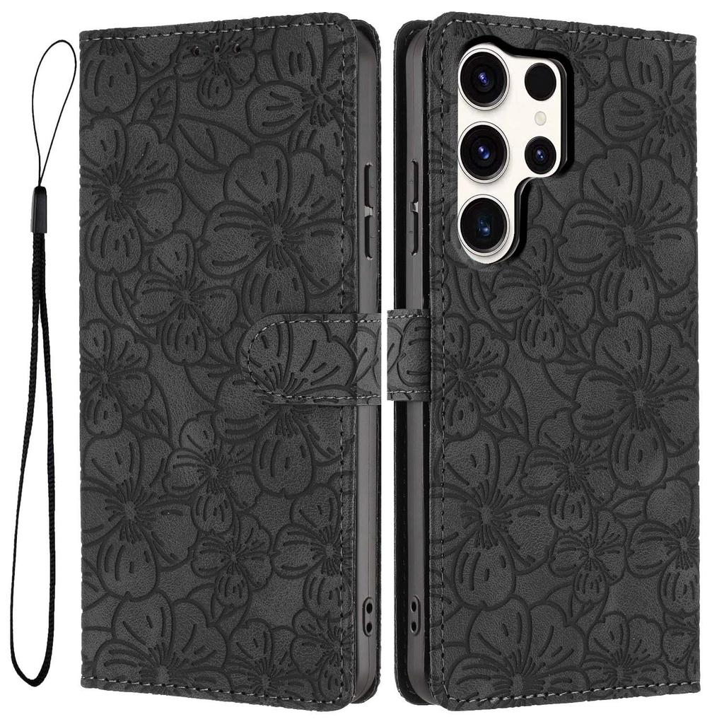 For Samsung Galaxy S24 Ultra Flip Case Cherry Blossom Pattern Leather Wallet Stand Phone Cover with Wrist Strap