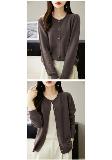 Women's 2024 Spring/Autumn Wool Knit Cardigan - Round Neck Cashmere Sweater Top