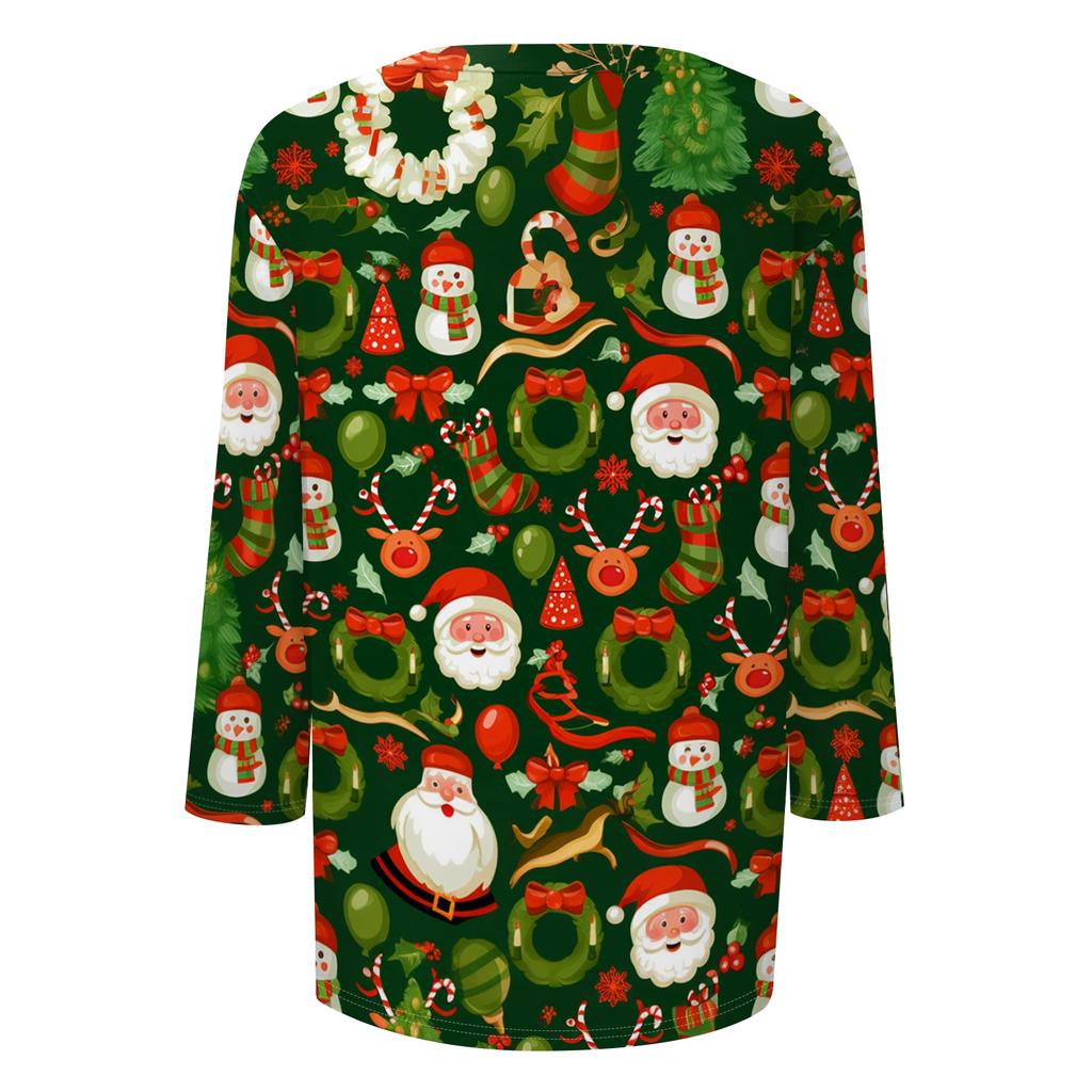 Women's Casual Christmas Print Three-Quarter Sleeve Neck Top