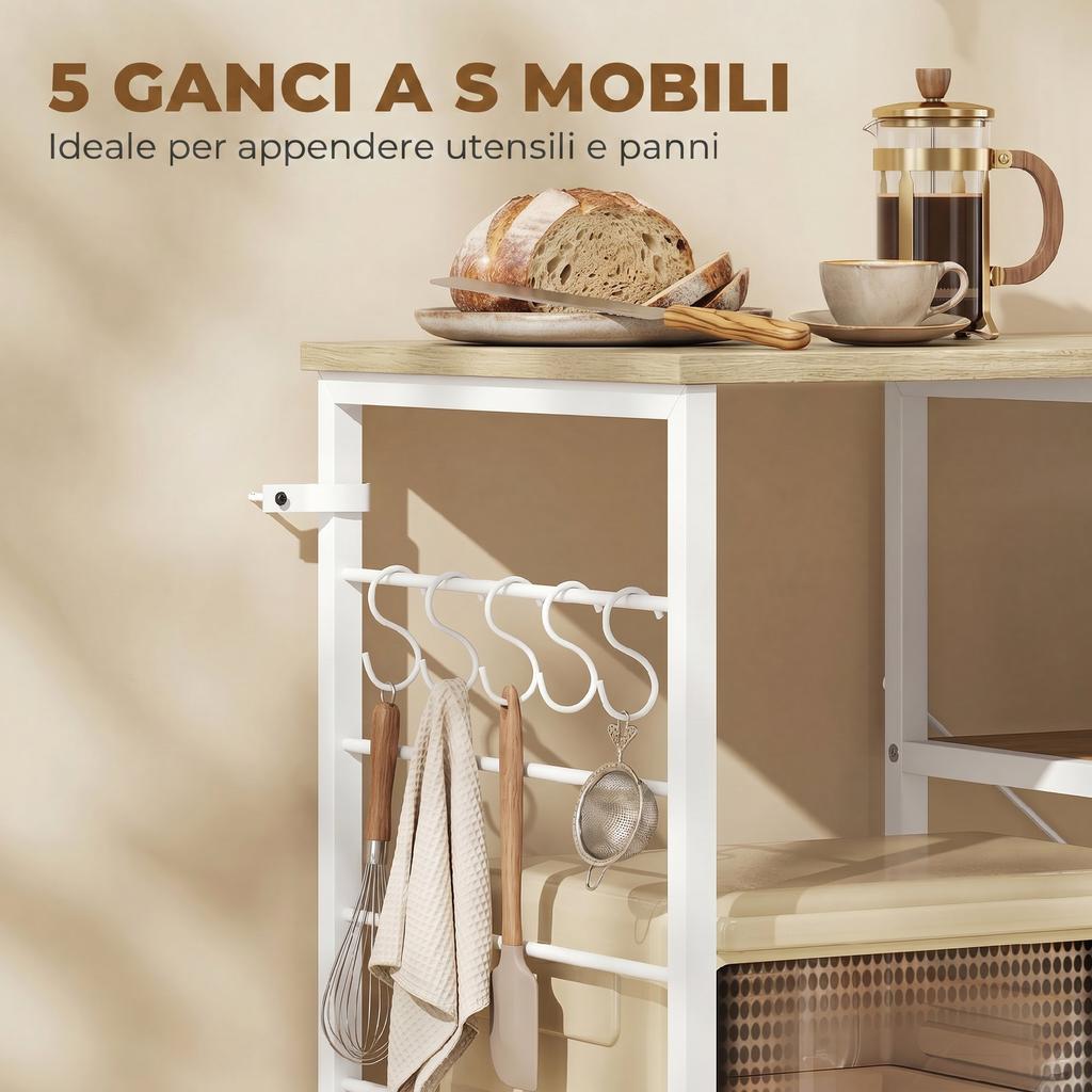 Kitchen Shelf with Wood and Metal Shelves with 5 Hooks, Space-Saving, 90x39x83.5 cm, Oak