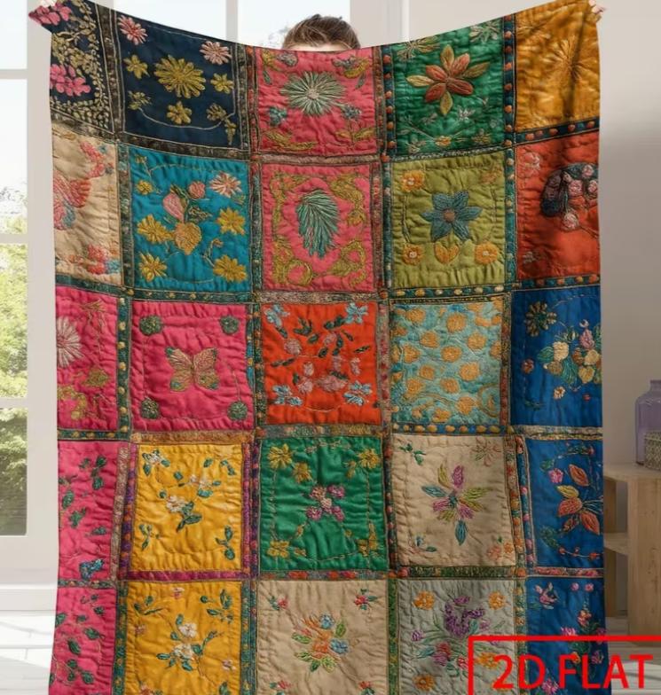 Colorful Flannel Blanket with Heart And Floral Patchwork Design - Soft Blanket for Sofa Bed Car Office Camping Travel Vintage