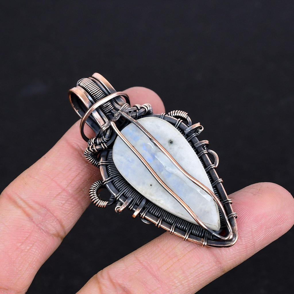 Rainbow Moonstone Pendant Gemstone Jewelry, 999 Copper Wire Wrapped Pendant, Handmade Beautiful Jewelry Pendant