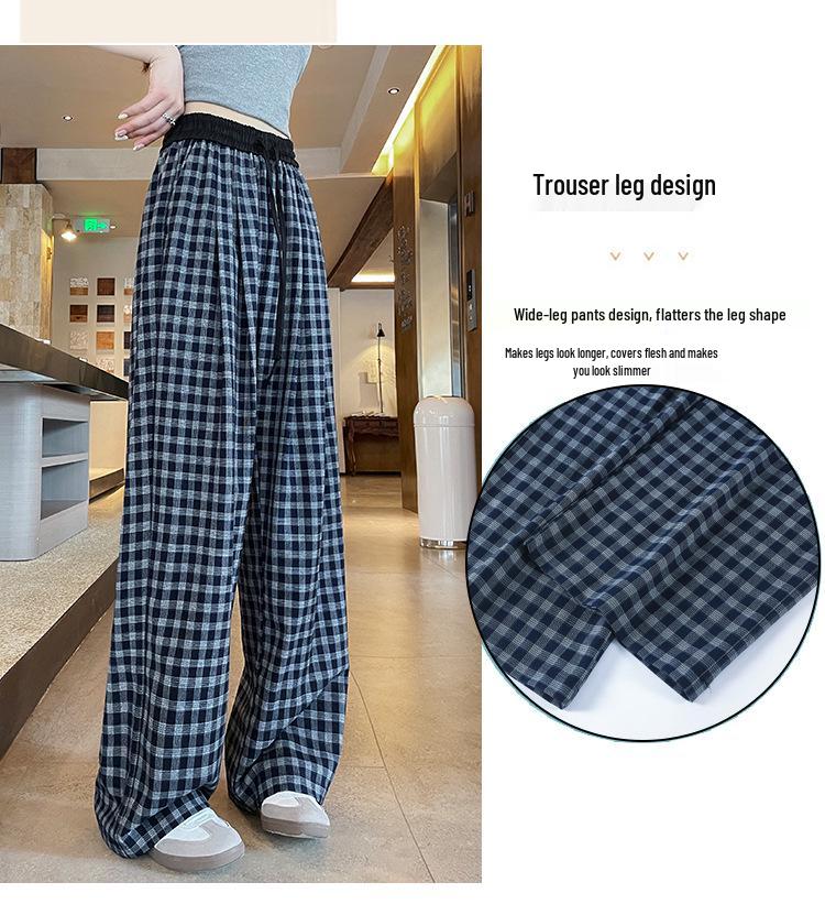 Retro Blue Plaid Wide-Leg Pants - Spring/Summer 2026 Collection, Lazy Style, Drapey Straight-Leg Casual Pants
