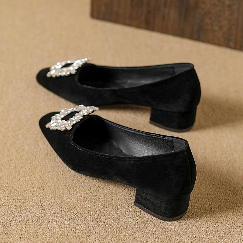 Spring new Korean inner heightening rhinestone square head shallow mouth single shoes gentle suede not tired feet shoes