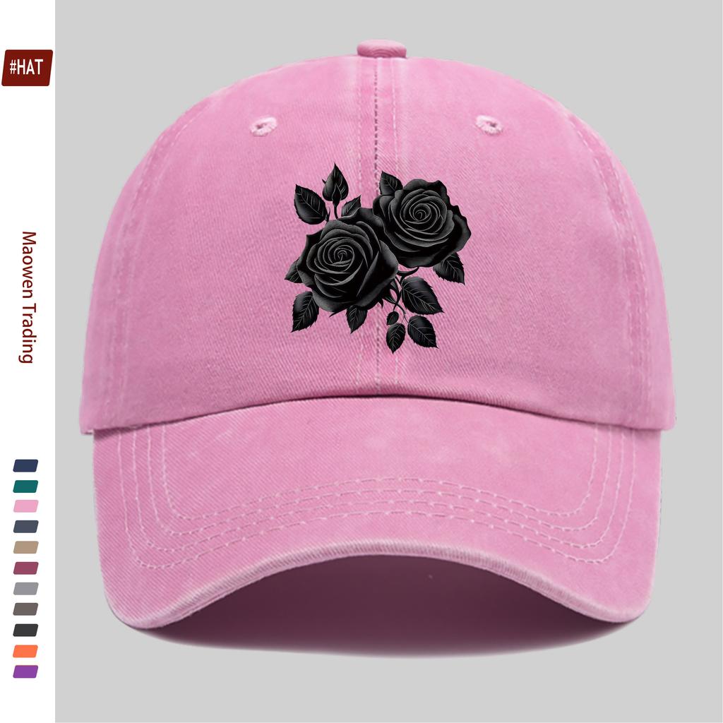 pc Elegant Black Rose Pattern Printed Baseball Cap Truck Driver Papa Hat Comfortable Lightweight Headwear Adjustable Closure