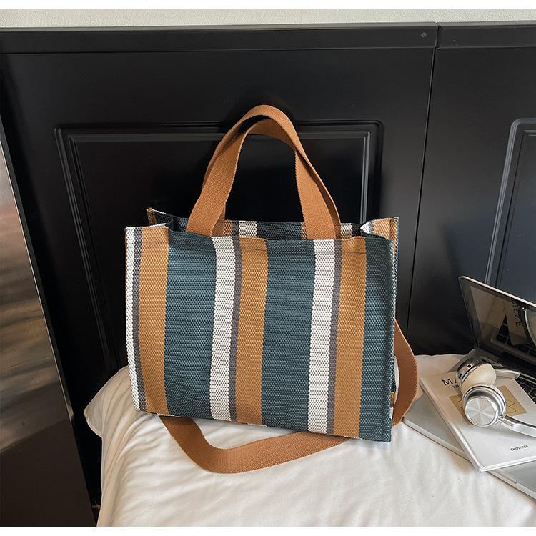 Korean Version Canvas Shoulder Messenger Bag 2025 Autumn and Winter New Striped Large-capacity Student Tote Bag Fashion Shopping Bag