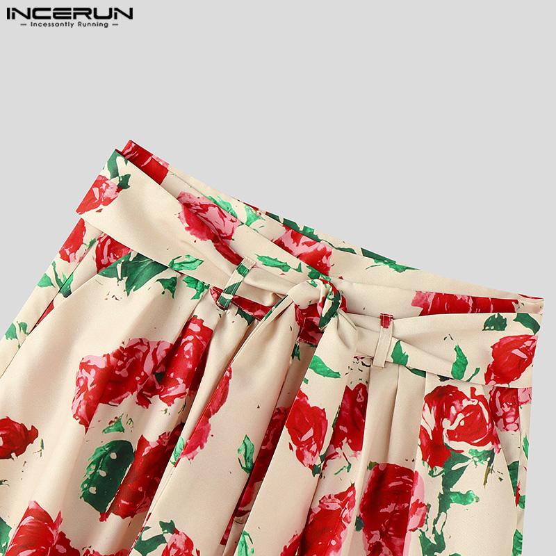 INCERUN Men Belt Zipper Waist Floral Print Casual Long Wide Legs Pants