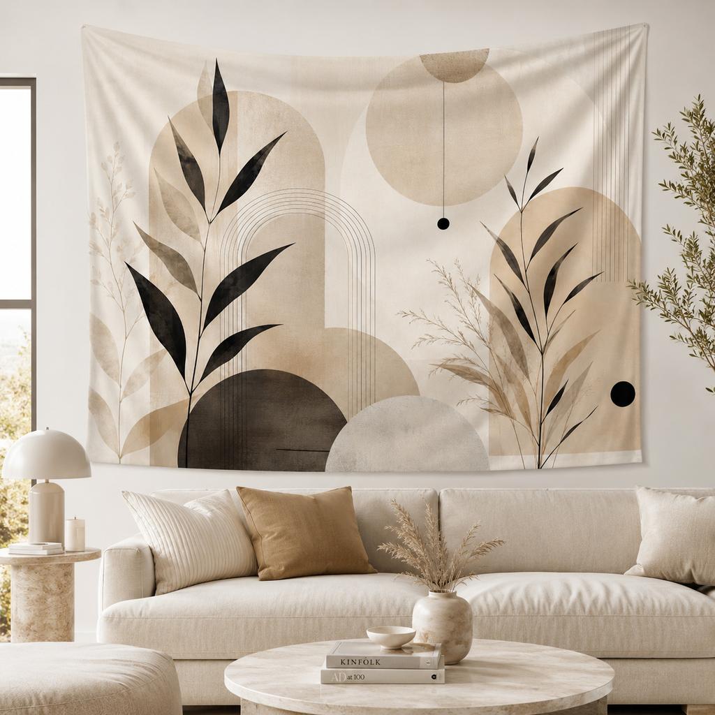 Abstract Botanical Wall Tapestry Neutral Minimalist Boho Geometric Hanging Decor for Modern Apartment Bedroom Living Room Office