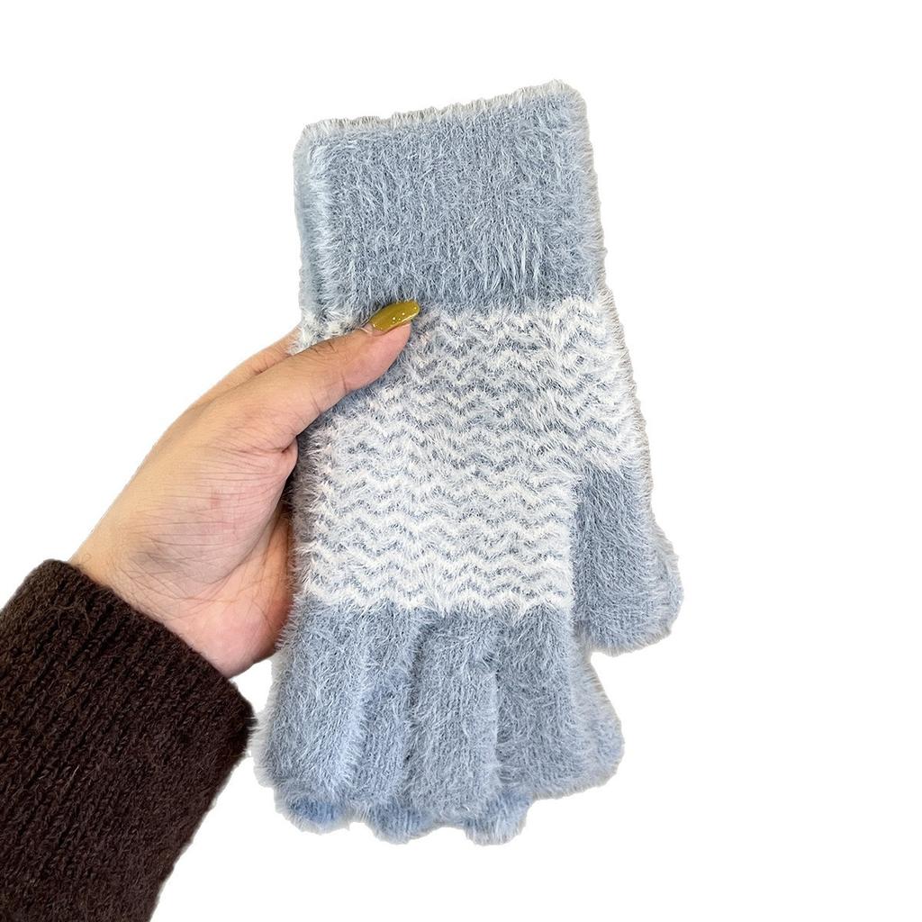 Einfache gestreifte Strickplüschhandschuhe im koreanischen Stil für Damen im Winter Kältefest und warm Vielseitig Outdoor-Radfahren Fingerlos, Touchscreen
